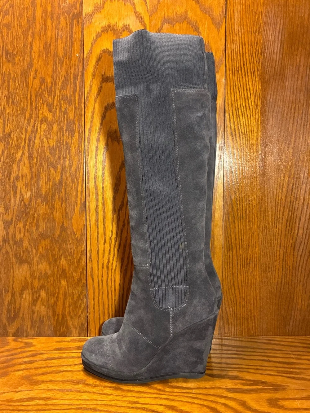 Fergie Convertible Over the Knee Gray Suede Knit Cuff Platform Wedge Boots Sz 8